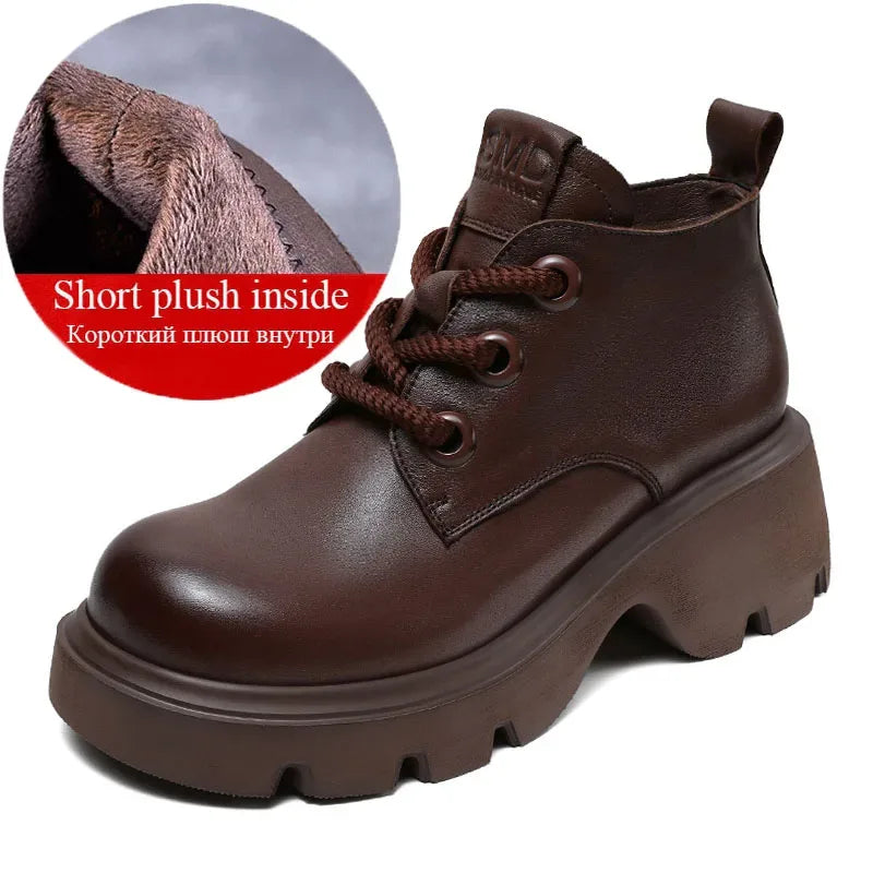 DRKANOL Luxury Design Genuine Leather Ankle Boots For Women Platform Casual Short Boots Women Winter Thick High Heel Warm Shoes