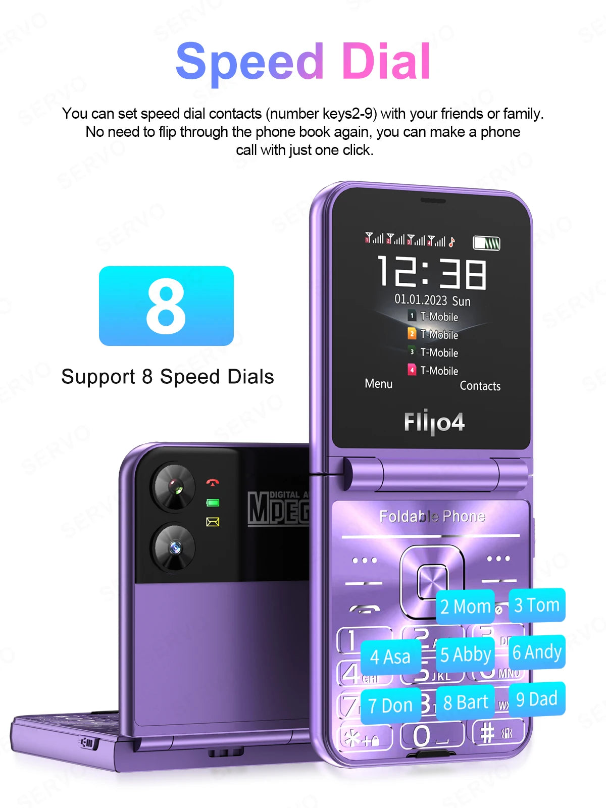 SERVO 4 SIM Fashionable Flip Cellular Phone Speed Dial Flashlight Magic Voice FM Radio 2G GSM Foldable Mobile Phone Type-C 2.6"