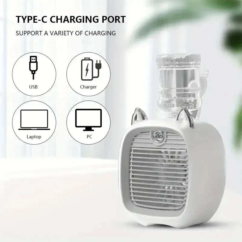TINSOL USB Mini Air Conditioning Fan, Humidifier Desktop Fan Spray Electric, 1200mAh, Three Gear Air Conditioning, Cooling Fan