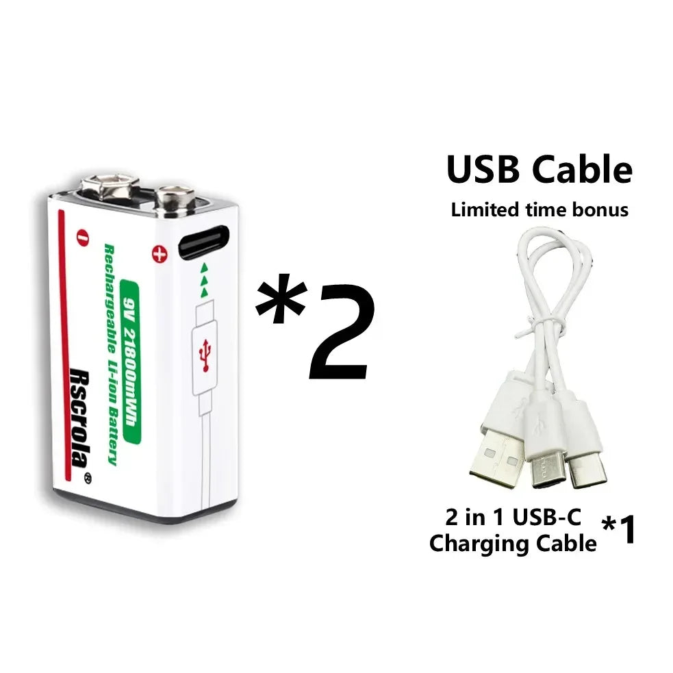 Rechargeable 9V Battery USB-C Charge,21800mWh Long-lasting 9V Li-Ion Battery with Free Cable,for Smoke Alarm,Camera,Clocks,Audio