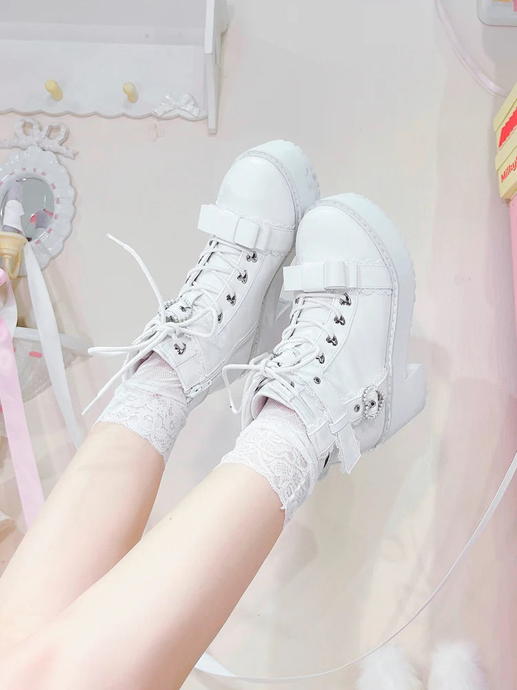 Japanese Mine Lolita Short Boots for Women Mass Production Love Rhinestone Buckle Bow Round Head Platform Boots Sweet Shoes