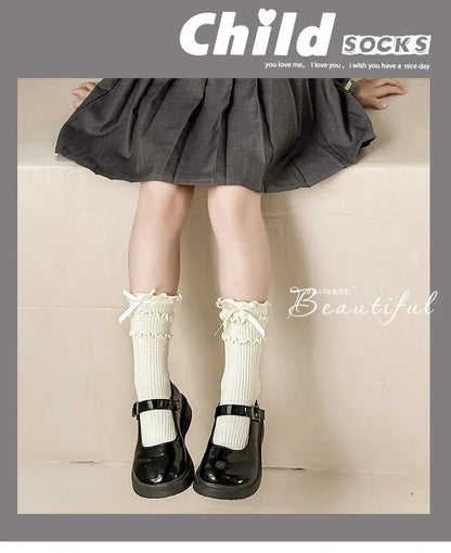 Korean Fashion Lace Lolita Calf Sock for Kids Girl Beige Black Color Ruffle Bow Children Calf Sock Spring Autumn Cotton Sock