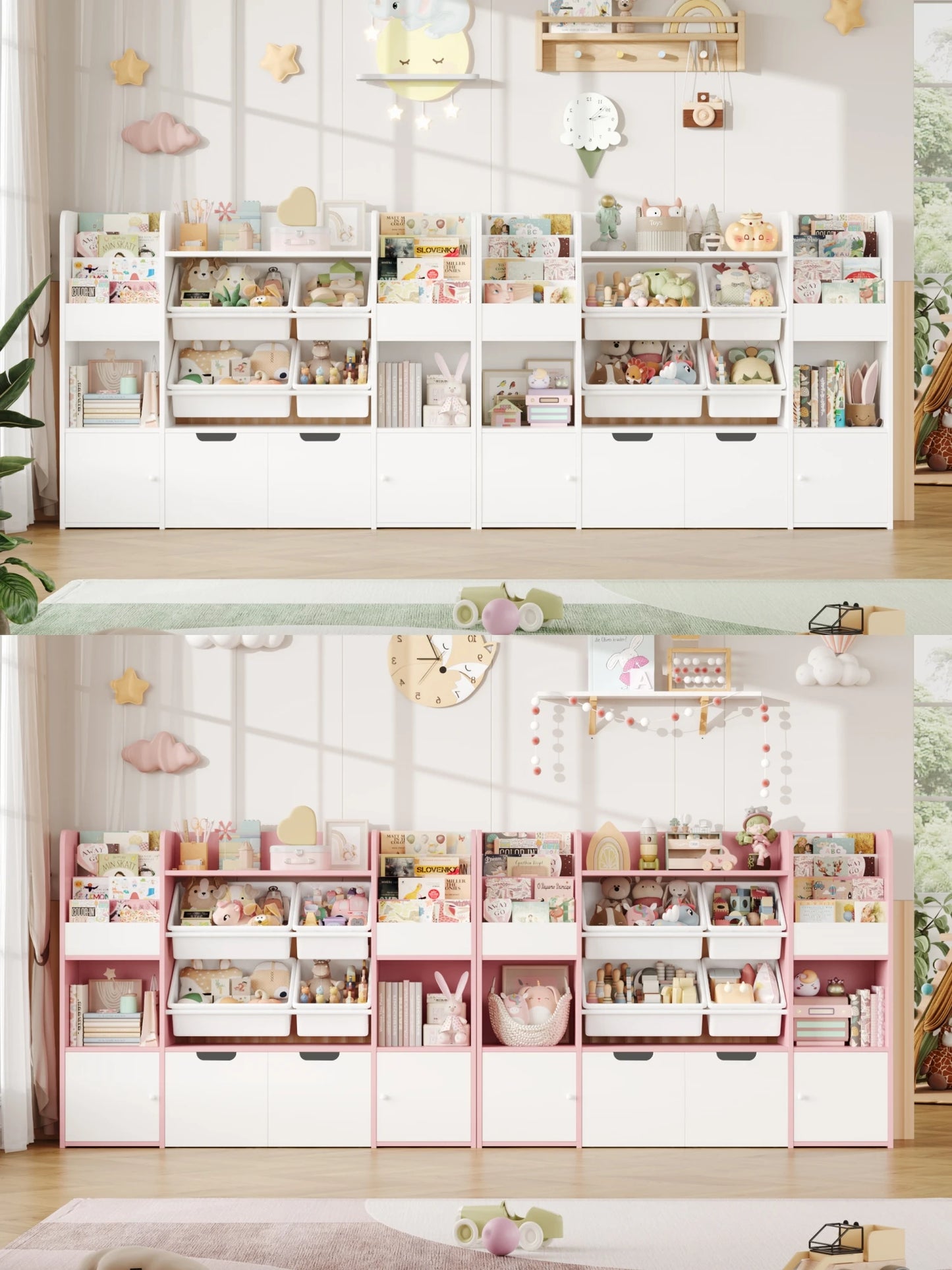 Getone Toy Storage Unit Children's Bookshelf Kid's Room Furniture Bookcase with 4 Boxing 2 boxing rolls 13 shelves 126x30x104cm