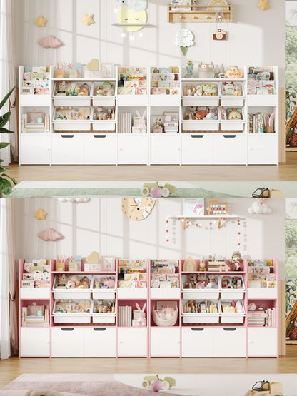 Getone Toy Storage Unit Children's Bookshelf Kid's Room Furniture Bookcase with 4 Boxing 2 boxing rolls 13 shelves 126x30x104cm