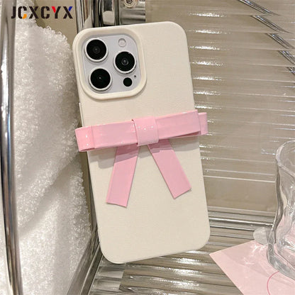 Korean Cute 3D Bowknot Lychee Leather Pattern TPU Phone Case For iphone 16 15 14 13 12 11 Pro Max 14 15 16 Plus Kawaii Cover