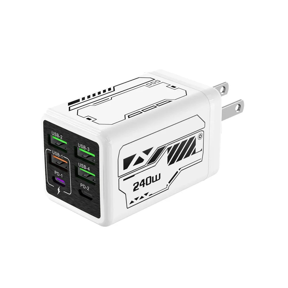 240W 6 in 1 USB C Charger Fast Charging PD3.0 QC3.0 Mobile Phone Travel Wall Adapter for iPhone17 Samsung Xiaomi Huawei EU UK US