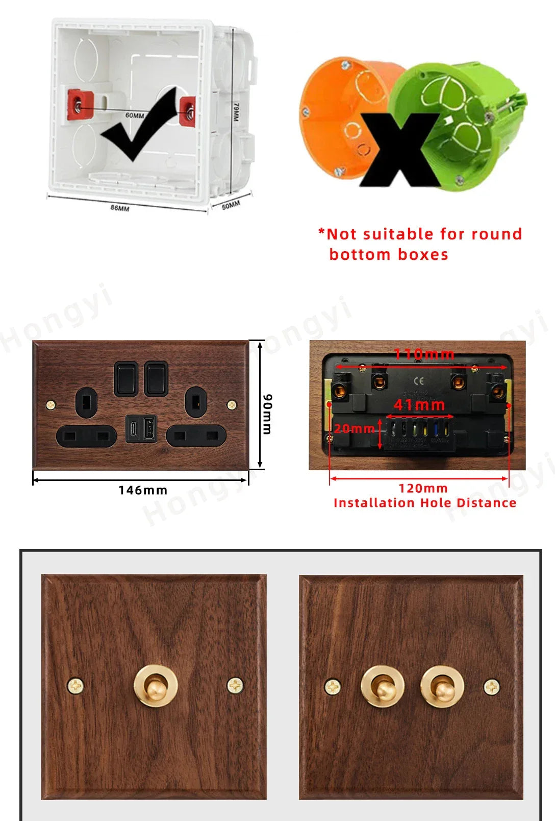 Black walnut retro European retro wall lamp switch socket, solid wood brass toggle switch board 1-4Gang 2Way antique home switch