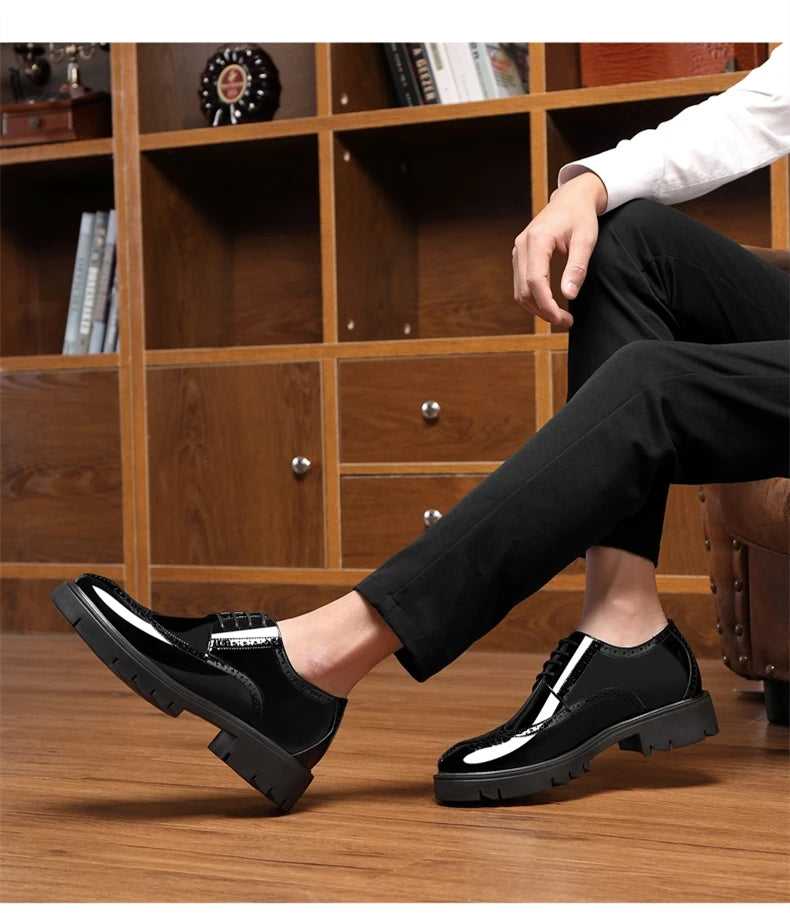 Luxury Men Brogues Patent Leather Elevator Shoes Man Height Increase Insole 8cm/10cm Black Formal Business Wedding Men Shoes New