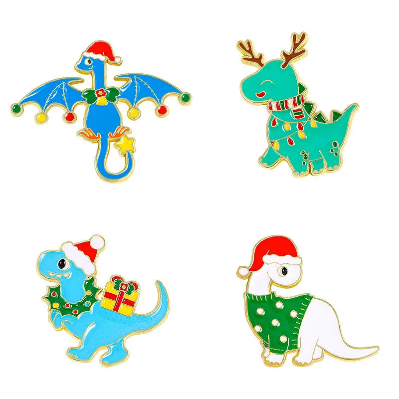 4pcs Cute Cartoon Dinosaur Enamel Brooch Creative Christmas Day Holiday Gift Lapel Pin Badge Backpack Clothing Hat Accessories