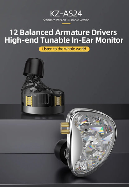 KZ AS24 24BA Units HIFI In Ear 12 Balanced Armature Earphones Noise Cancelling Earbuds Adjustable Tone Headset AST ZSX ZAR