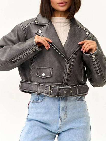 Veste courte ample vintage pour femme Ailegogo en similicuir PU, style vintage, idéale pour le printemps et l'automne. Fermeture éclair et ceinture intégrées. Manteau motard.