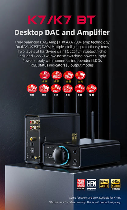 FiiO K7/K7BT  Balanced HiFi DAC Headphone Amplifier AK4493S*2, XMOS XU208 PCM384kHz DSD256,USB/Optical/Coaxial/RCA Inputs