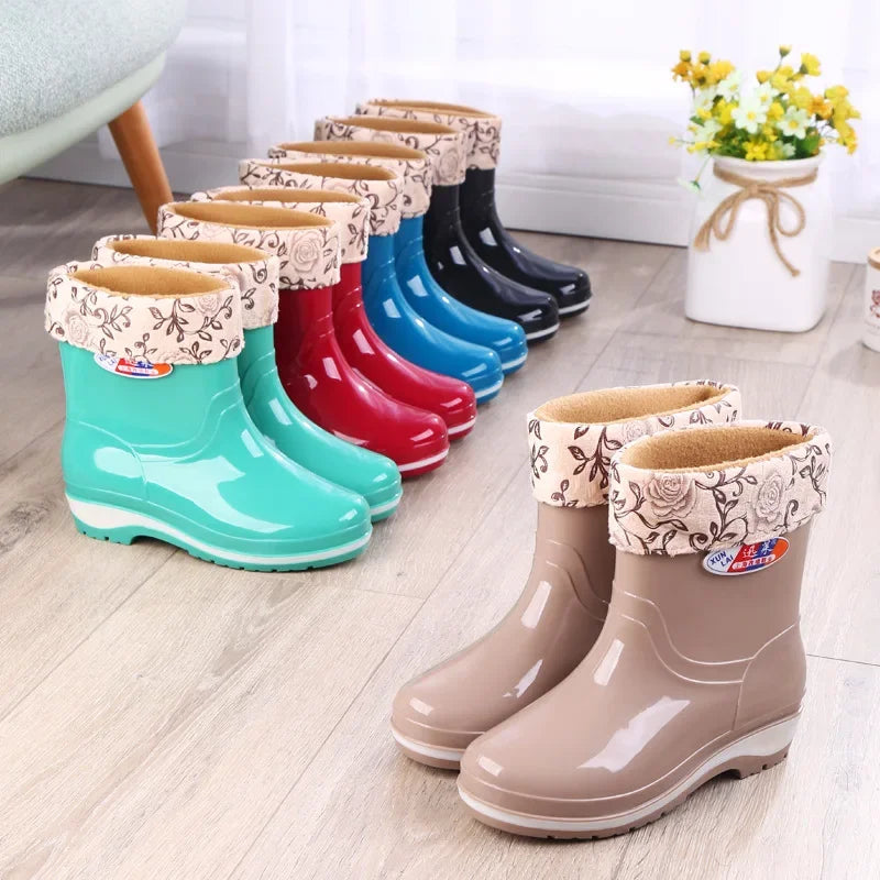 Women's Short Rain Shoes Non-slip Waterproof Rubber Boots Durable Wear-resistant Rain Boots Fleece Lined Warm Shoes Wholesale
