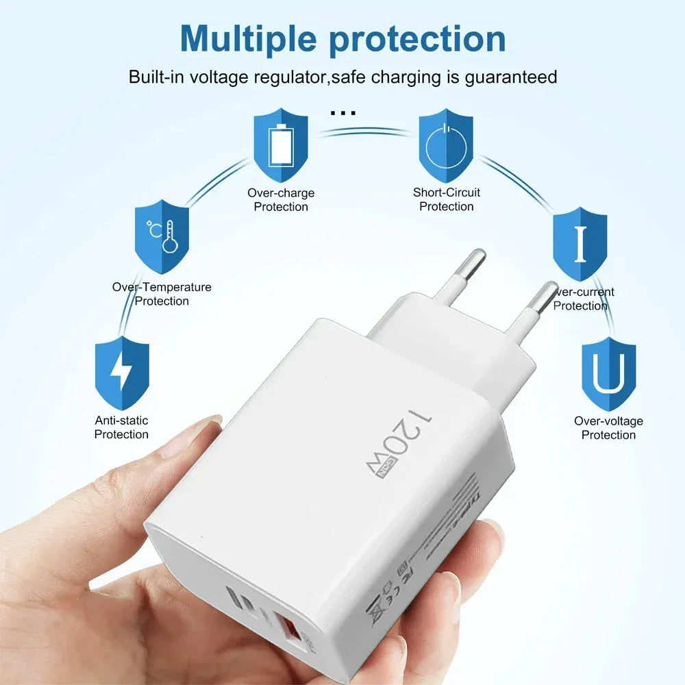 120W Fast Charger USB Type C PD Cable Fast Charging Quick Charge Adapter For iPhone 17 16 15 Pro Xiaomi Samsung Oneplus Huawei