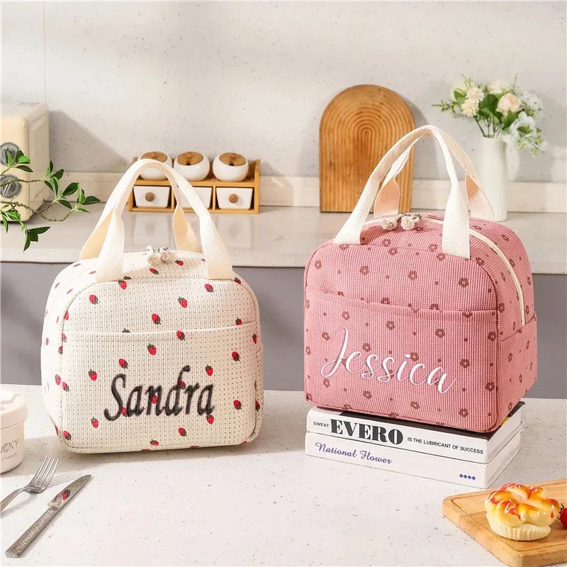 Personalized Custom Name Corduroy Lunch Bag, Thermal Insulated, Kid School Lunch Box, Picnic Cooler, Storage Handbag Food Pouch