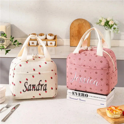 Personalized Custom Name Corduroy Lunch Bag, Thermal Insulated, Kid School Lunch Box, Picnic Cooler, Storage Handbag Food Pouch