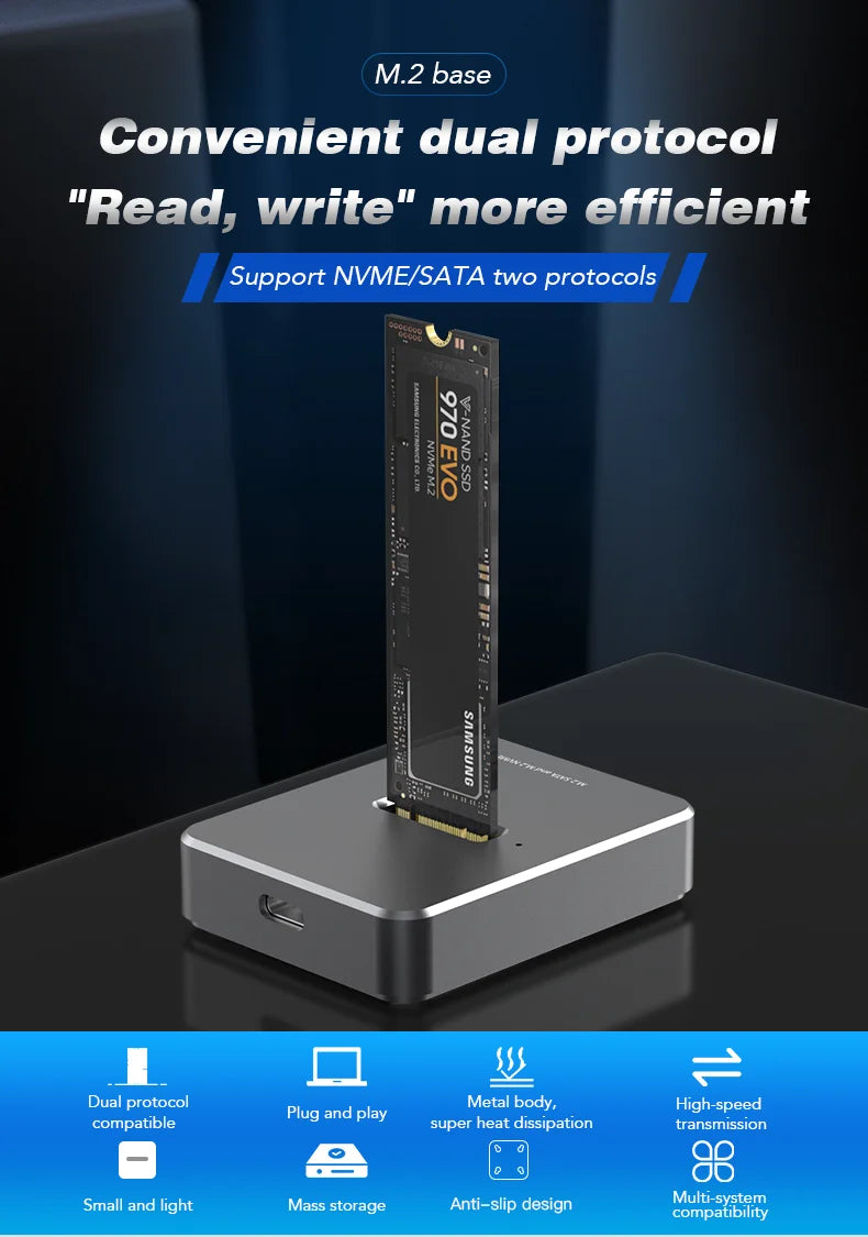 HDD Docking Station M.2 Caddy Box Base Adapter SATA/NVMe SSD Dual Protocol Solid State Mobile Hard Disk Enclosure USB C