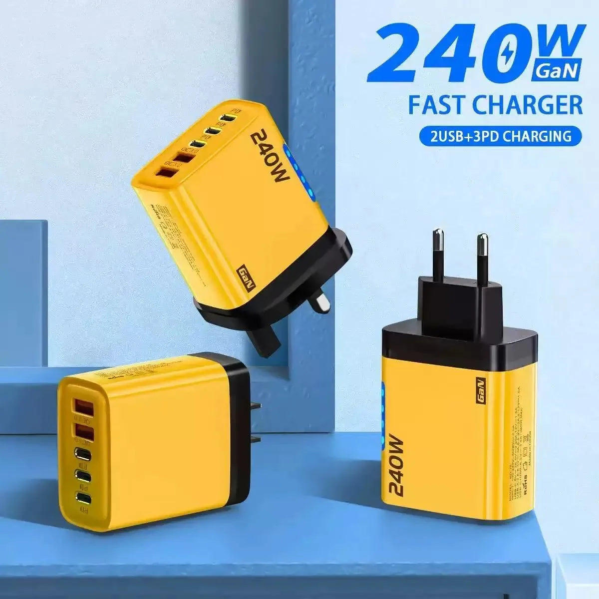 240W GaN Fast Charger 3 USB-C 2 USB-A Ports PD QC3.0 for iPhone 17 16 Galaxy S25 S24 Xiaomi 16 15 Huawei Mate 70 60 Oppo Vivo