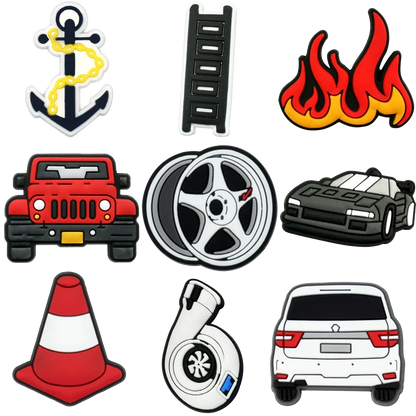 1/9pcs Cruel Jeep Sports Car Shoe Charms for Boys Kids Gift Turbine Hub Shoe Decoration Accessories  Ship's Anchor Pin Clog