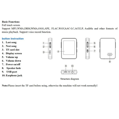 MP4 Player BT 5.0 Touch Screen Music Player Portable MP3 Player with Speakers FM Radio Recording E-Book 2-inch Screen