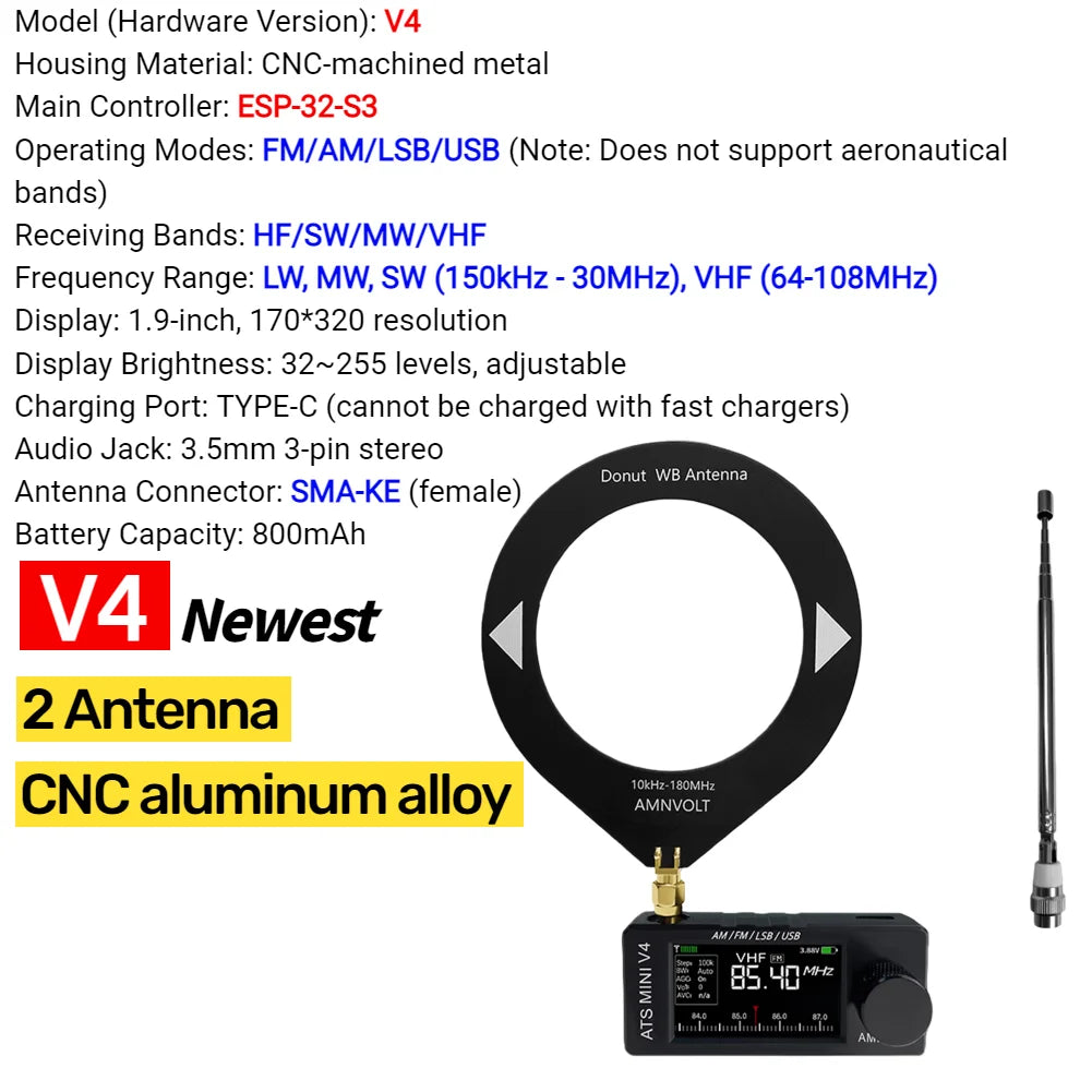 AMNVOLT V4/V3S ATS MINI SI4732 Radio ALL Band DSP Radio FM AM SSB LSB USB Receiver, built-in Hi-Z Headphone Amplifier Circuit