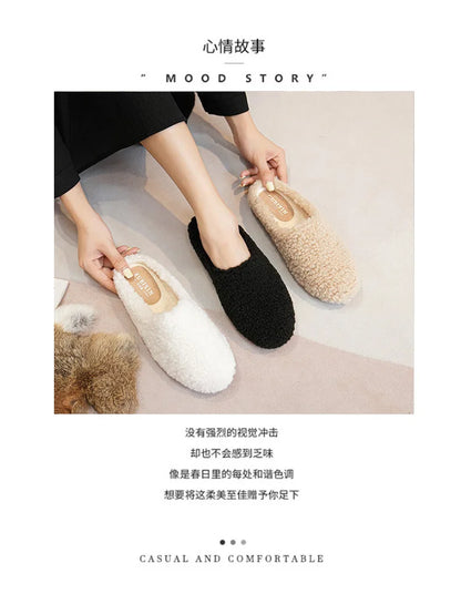 Big Size 43 Women Lambswool Slippers Winter Sheep Fur Shoes Ladies Flat Cotton Slides Home Pantuflas Daily Slip On Furry Mules