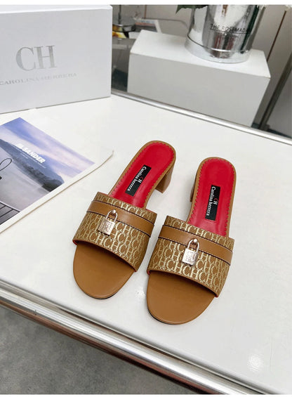 CH Brand Metal Buckle Embossed Sandals With Block Heels Open Toe Design Comfortable And Stylish Outdoor Slippers