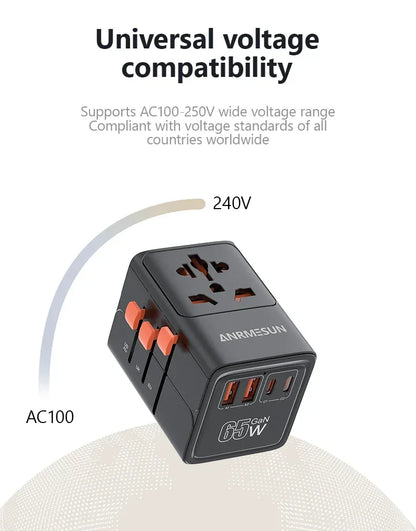 65W/45W/25W GaN Universal Travel Adapter with 2 USB 2 Type C Fast Charging All-in-one Travel Charger EU/UK/USA/AUS for Travel
