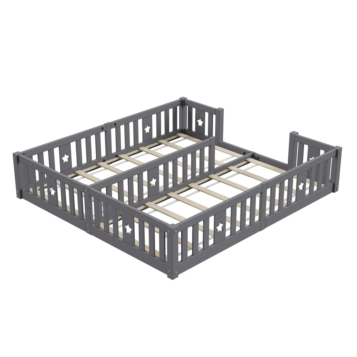 Rosahqnda Children's Bed Floor Bed 90x200cm with Railing Gate,Pine Wooden Bed for Families with 2 Children,Children's Twin Bed