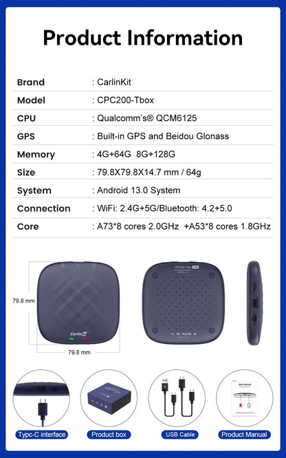 CarlinKit CarPlay Ai Box Android 13 Plus QCM6125 8-core Wireless Android Auto& CarPlay Car USB Adapter FOTA Upgrade For Netflix