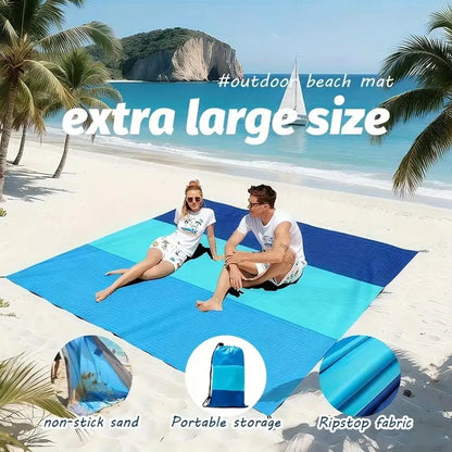 200x210cm Sandproof Waterproof Beach Mat, Foldable 3-Color Spliced Outdoor Picnic Blanket, Lightweight Pocket Camping Mat