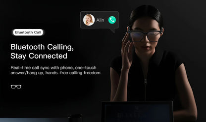 Lunettes intelligentes avec traduction IA, prise de photos, reconnaissance d'objets, caméra 4K, Bluetooth, musique, appels et enregistrement intelligent.