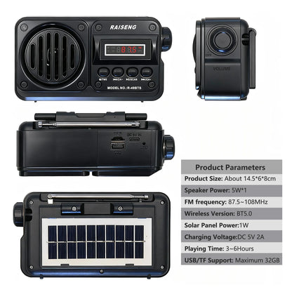 Solar Charging FM Radio Bluetooth Speaker with USB/TF MP3 Playback, Rechargeable Radio Receiver Portable Design for Home&Outdoor