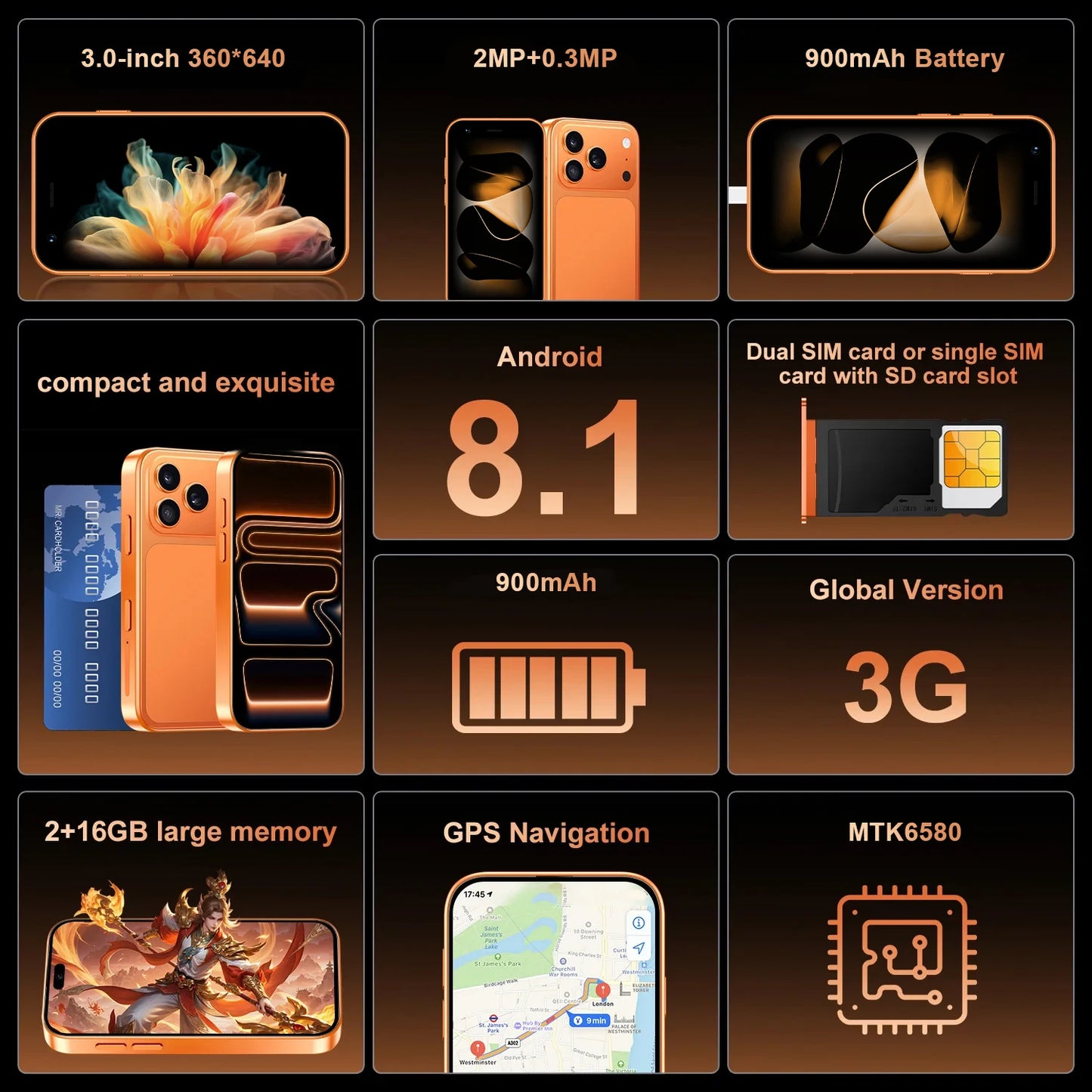 ONEMYTH A17 Mini 3G Mini Smartphone, 2GB RAM and 16GB ROM, WhatsApp, GPS, WiFi, Facial Recognition, Multi Color Small Phone