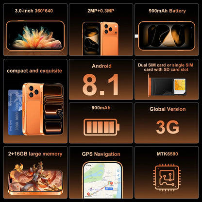 ONEMYTH A17 Mini 3G Phone 2GB/16GB, WhatsApp GPS WiFi, Face Unlock Small Smartphone for Children/Elderly, Lightweight & Portable