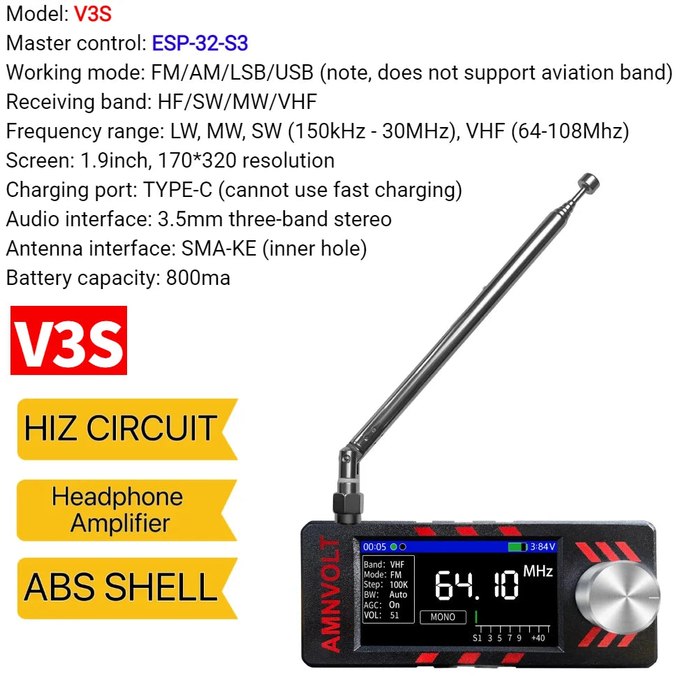 AMNVOLT V4/V3S ATS MINI SI4732 Radio ALL Band DSP Radio FM AM SSB LSB USB Receiver, built-in Hi-Z Headphone Amplifier Circuit