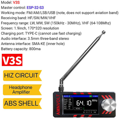 Upgraded V3S AMNVOLT Mini SI4732 DSP Radio Receiver FM AM SSB LSB USB Full Band Pocket Radio with Hi-Z Headphone Amplifier