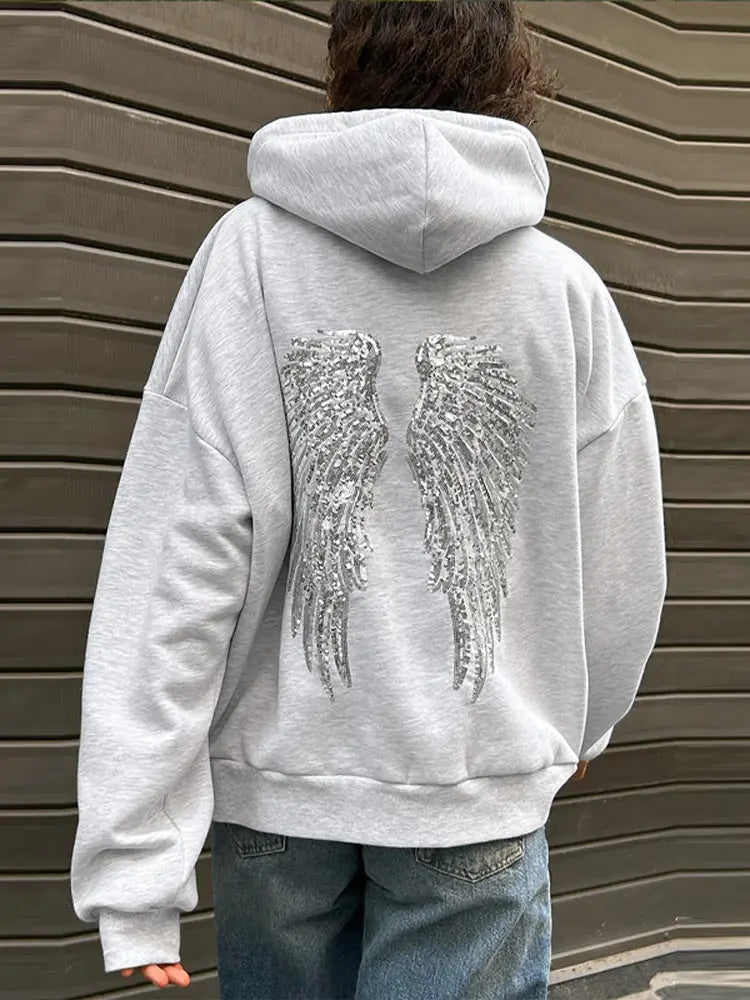 Chic Navy Blue Sequin Angle Pattern Hoodie Sweatsuit Long Sleeve Loose High Street Pullover 2025 New Lady Autumn Winter Coats