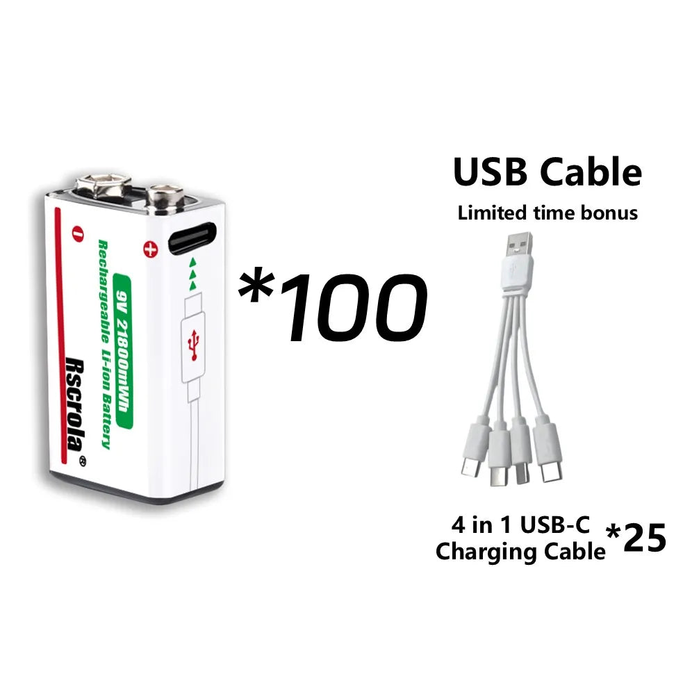 Rechargeable 9V Battery USB-C Charge,21800mWh Long-lasting 9V Li-Ion Battery with Free Cable,for Smoke Alarm,Camera,Clocks,Audio