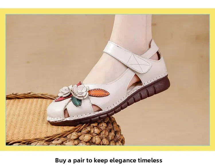 New 2025 Ladies Flat Sandals Soft Leather Anti-Slip Bottom Ethnic Style Comfortable Soft Surface Design for Elderly People
