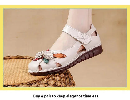 New 2025 Ladies Flat Sandals Soft Leather Anti-Slip Bottom Ethnic Style Comfortable Soft Surface Design for Elderly People