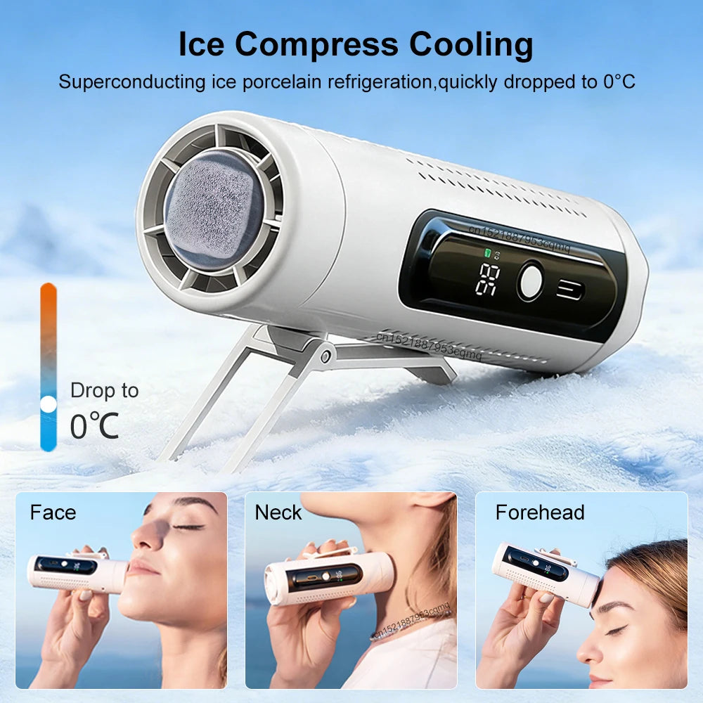 Mini Handheld Fan Portable Neck Hanging Fan USB Rechargeable Outdoor Waist Clip Air Fan Turbo Ice Cooling Fan with Cold Compress