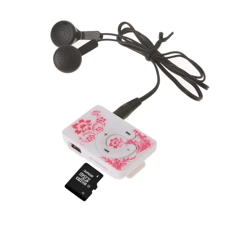 Mini Clip Floral Pattern Music MP3 Player 32GB Card With Micro SD TF Card Clip Design Digital Music Mini USB Cable + Earphone