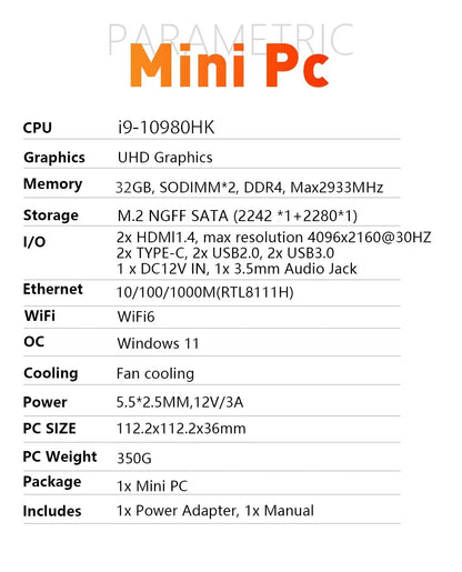 2026 Portable Intel Core i9-10980HK Computer Windows11 Pro 32GB RAM 1TB SSD Gaming Computer Dual-Band WiFi6 game Mini Desktop PC
