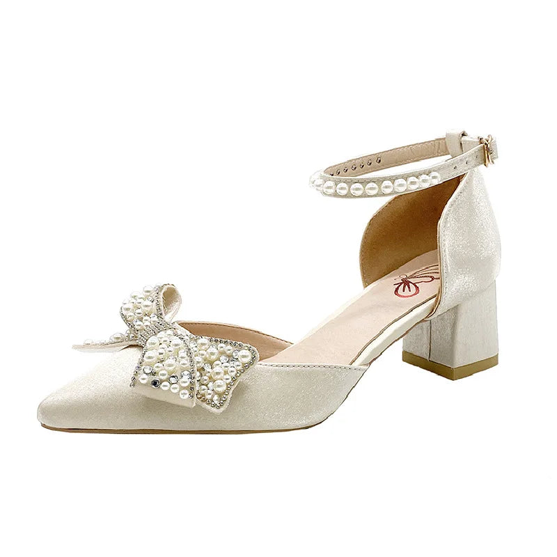 Maogu 2023 Pearl Bowtie Ankle Strap High Heels Shoes Woman Beige Red Bling Crystal Wedding Shoes Elegant Med Heels Women's Pumps