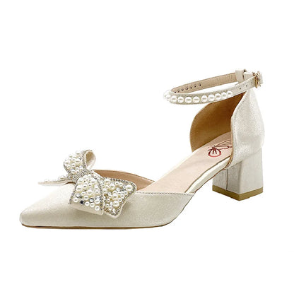 Maogu 2023 Pearl Bowtie Ankle Strap High Heels Shoes Woman Beige Red Bling Crystal Wedding Shoes Elegant Med Heels Women's Pumps