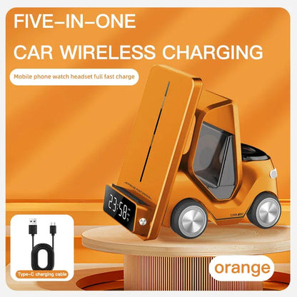 Wireless Charger 4 in 1 Forklift Design Fast Charging Dock with Alarm Clock Time For iPhone/iWatch/AirPods Pro