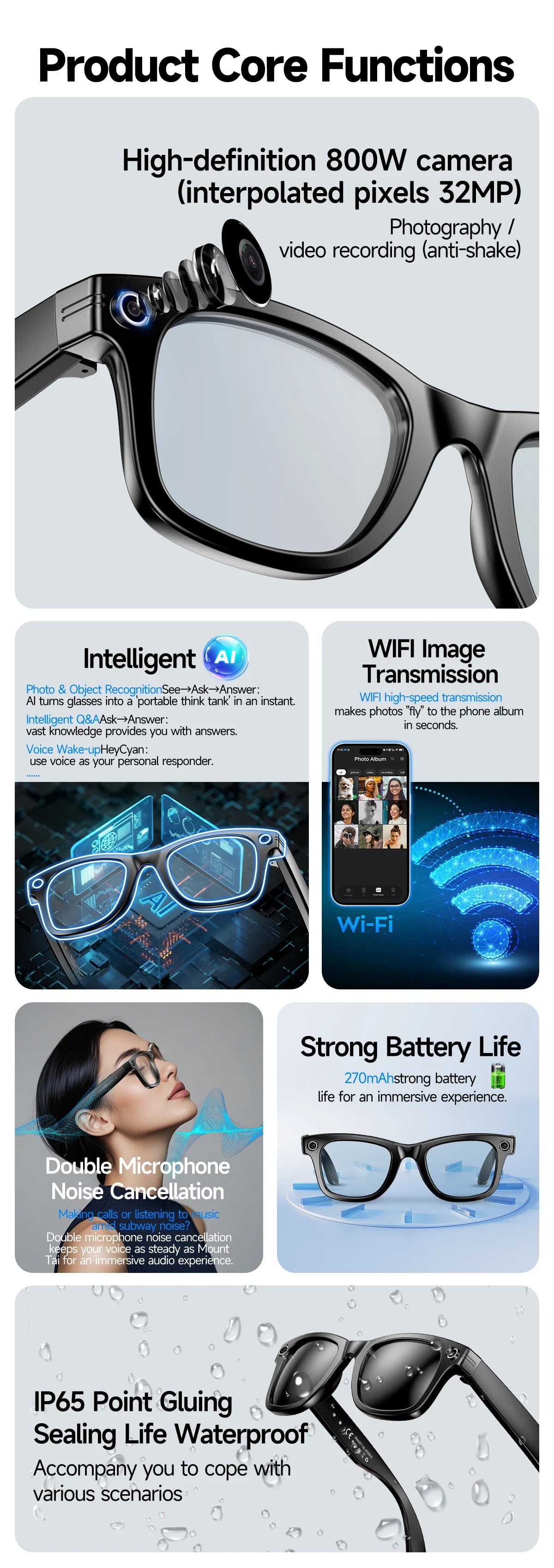 Lunettes intelligentes 8 mégapixels, enregistrement vidéo, reconnaissance photo IA, traduction des réponses, batterie 270 mAh, étanche IP65, Bluetooth