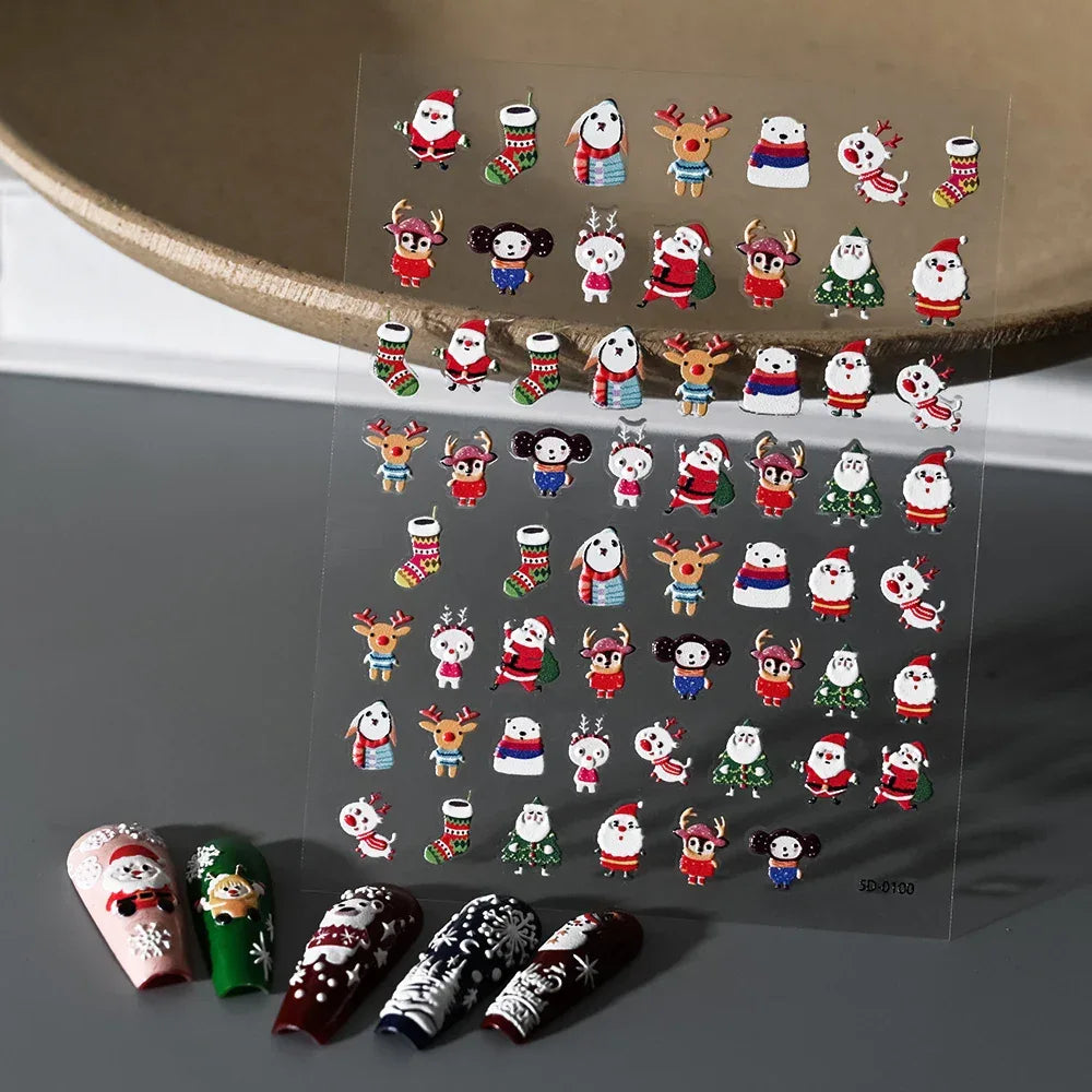 1pc Christmas Nail Art Stickers 5D Winter Holiday Themed Nail Decor Santa/Snowflakes/Christmas Trees/Gingerbread Nail Supplies *