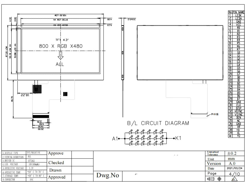 IPS Display 4.3 Inch with 800x480 Resolution RGB Communication IPS 1000 High Brightness LCD Screen